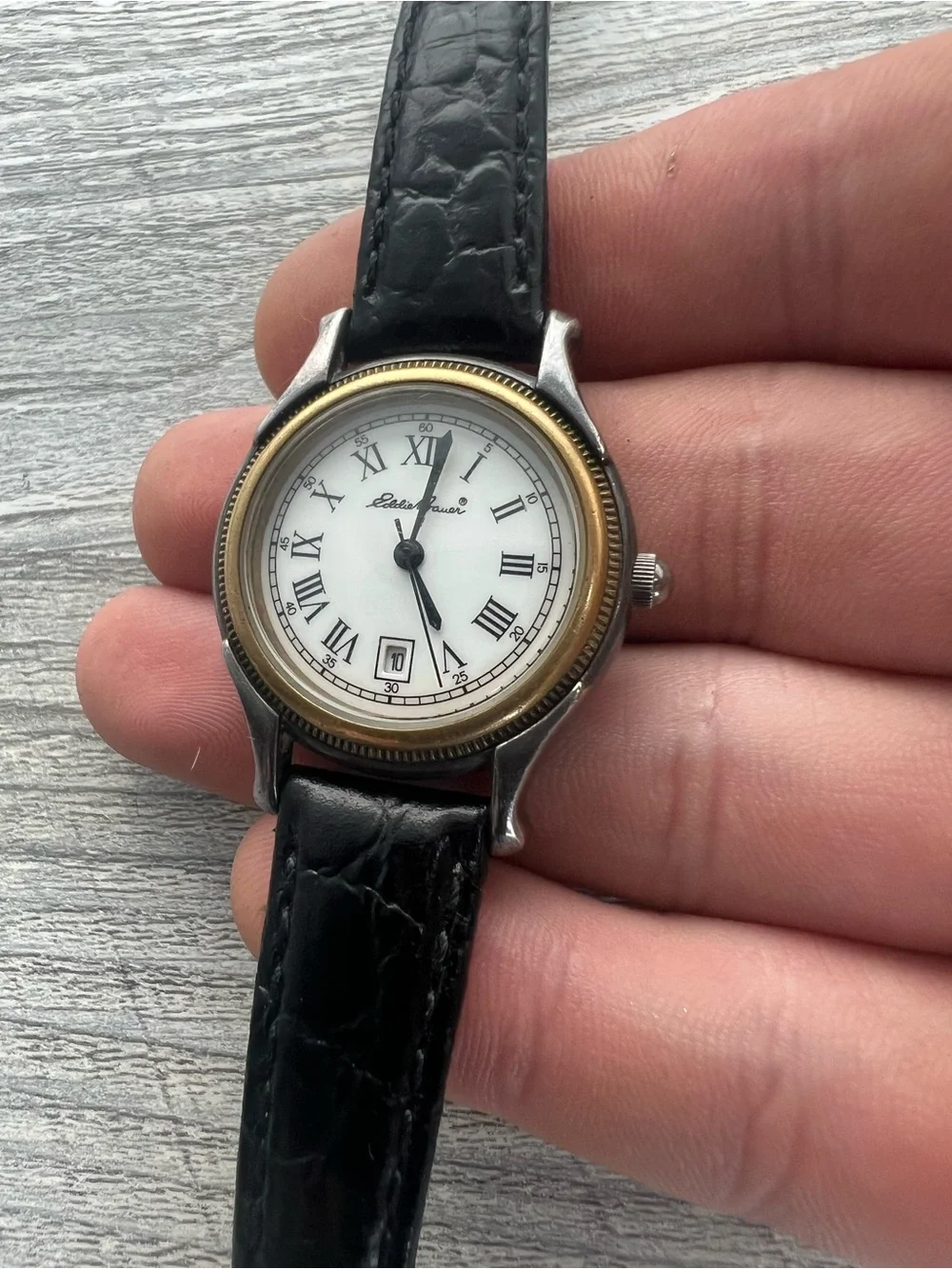 Eddie Bauer Two-Tone Roman Numeral Wristwatch with Black Leather Strap